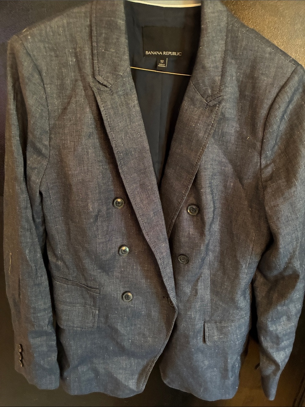 Banana Republic Navy Double-Breasted Blazer Linen Blend 12
